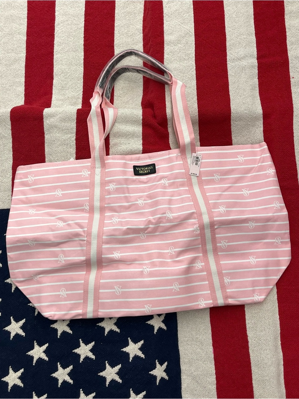Victoria's Secret Pink and White Striped Canvas Tote New with Tags